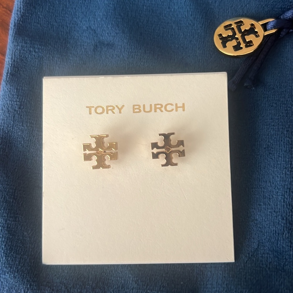 Tory Burch Gold Logo Stud Earrings - Picture 3 of 4